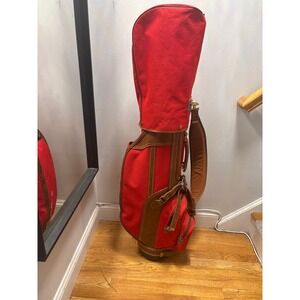 Daiwa Golf Bag Vintage Red Canvas Brown Trim Cart Bag with Rain Hood Good